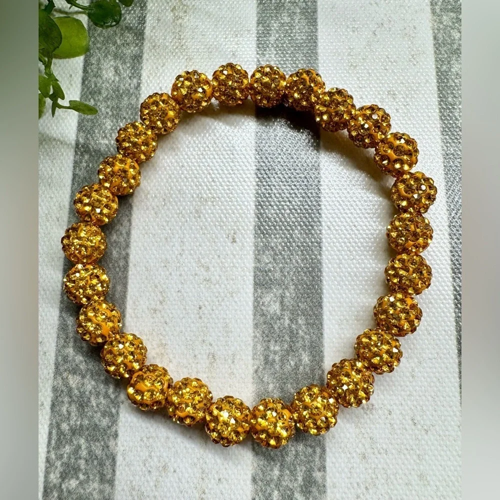 New Rustic MINI Gold Tone Crystal Ball 8mm Beaded Cuff Bracelet - 8”